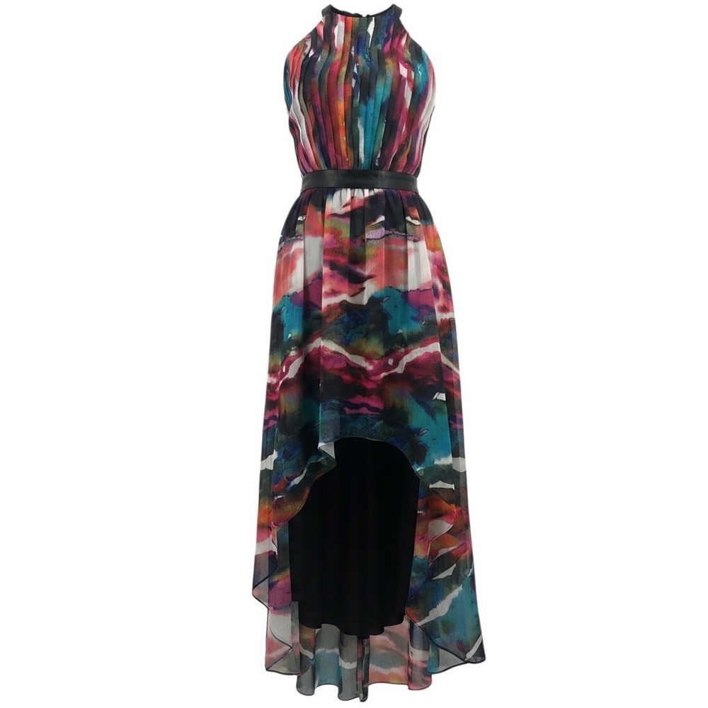 Bebe High Low Maxi Dress Multi Color Abstract Pleated Halter Boho Weding Guest 0